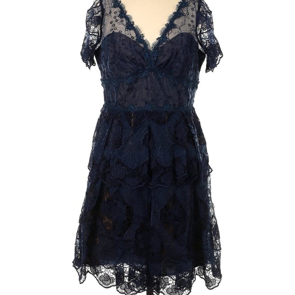 Marchesa Notte Navy Lace Midi Dress